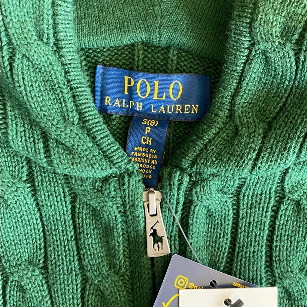 NWT Green Polo Ralph Lauren Hooded Zip Cable Knit Sweater, Boys S/8